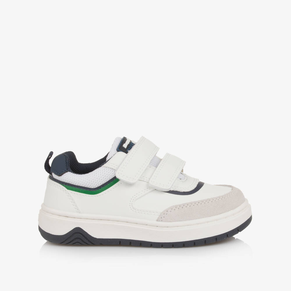 Beppi-Boys White Leather Velcro Trainers with Navy Blue Trim | Childrensalon Outlet