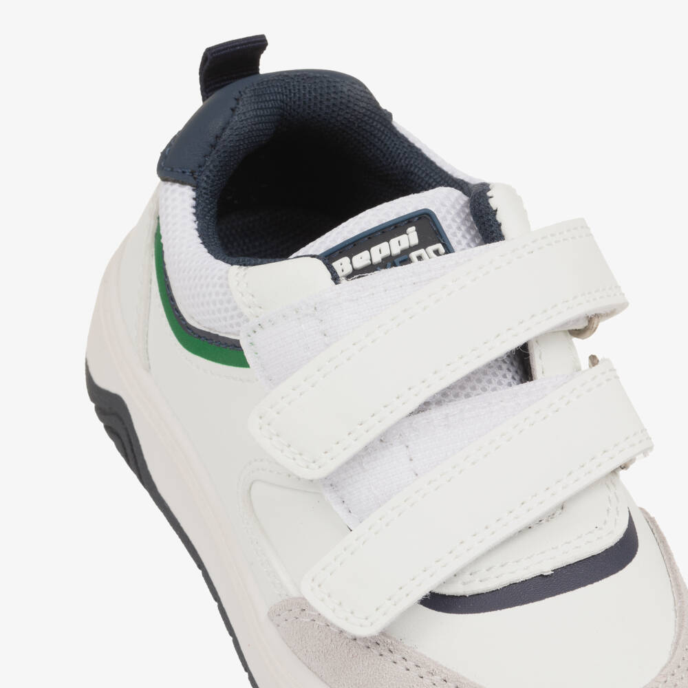 Beppi-Boys White Leather Velcro Trainers with Navy Blue Trim | Childrensalon Outlet