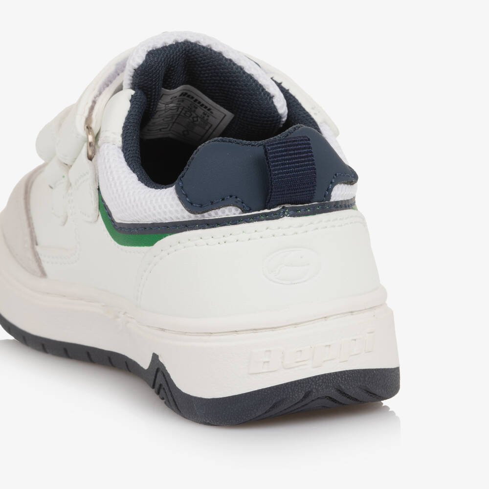 Beppi-Boys White Leather Velcro Trainers with Navy Blue Trim | Childrensalon Outlet