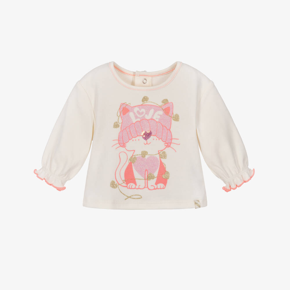 Billieblush-Baby Girls Ivory Cat Print Organic Cotton Jersey Top | Childrensalon Outlet