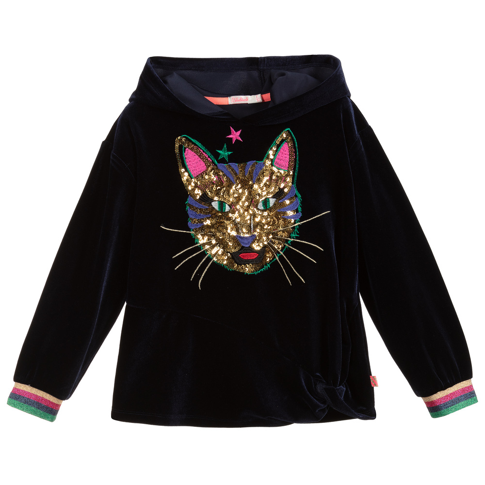 Billieblush - Blauer Samt-Hoodie mit Pailletten und Katze | Childrensalon