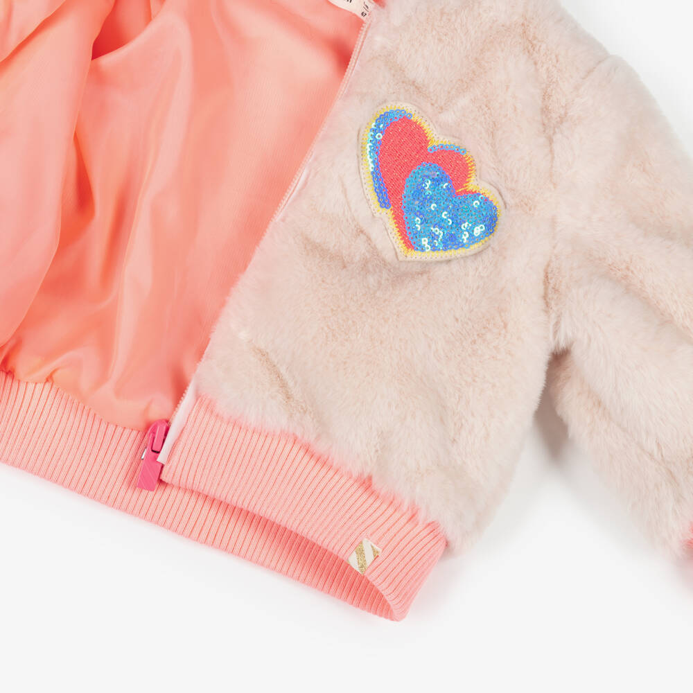 Billieblush-Girls Beige Faux Fur Zip-Up Jacket with Coral Pink Trims | Childrensalon Outlet