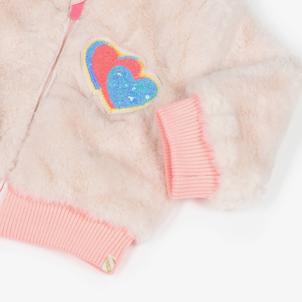 Billieblush-Girls Beige Faux Fur Zip-Up Jacket with Coral Pink Trims | Childrensalon Outlet