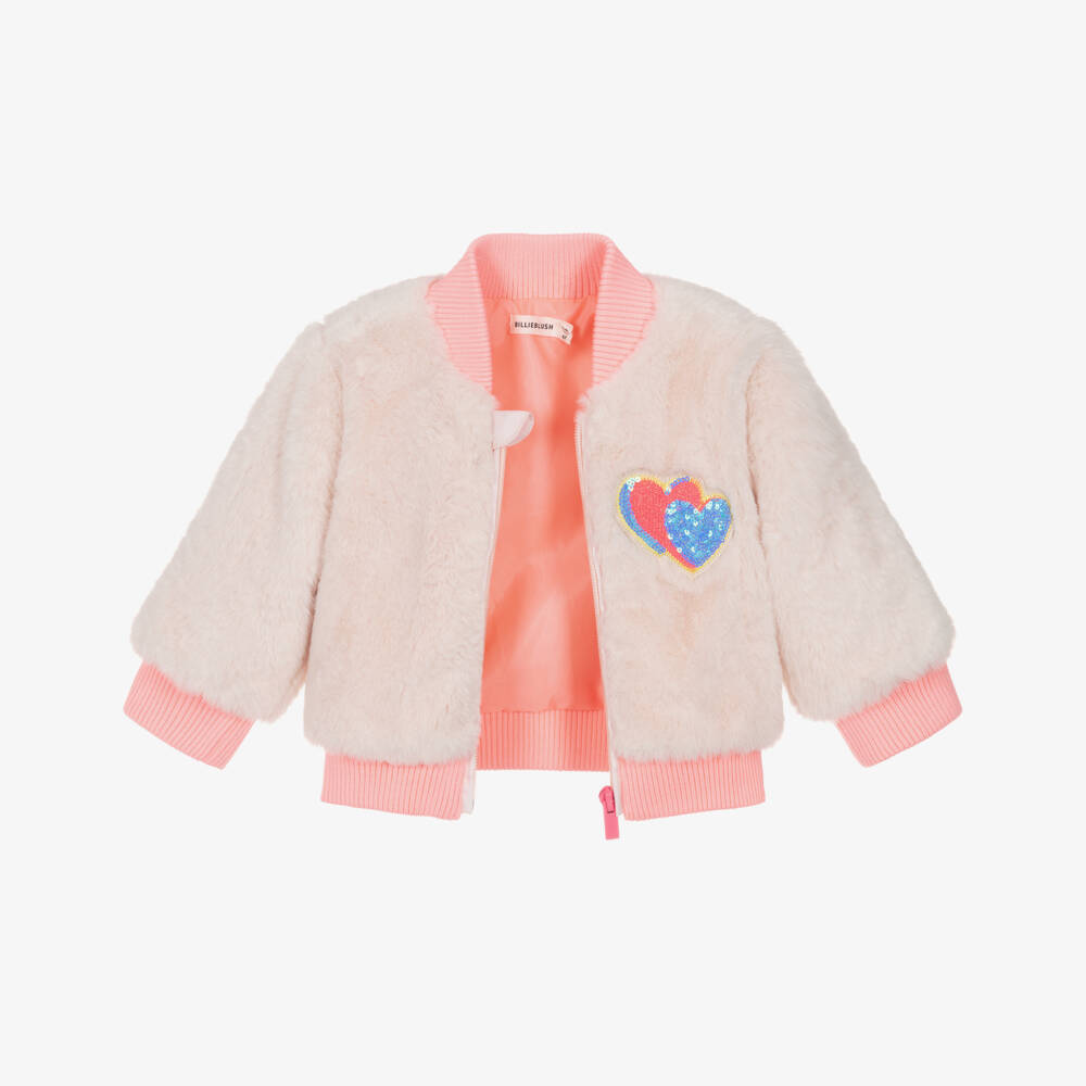 Billieblush-Girls Beige Faux Fur Zip-Up Jacket with Coral Pink Trims | Childrensalon Outlet