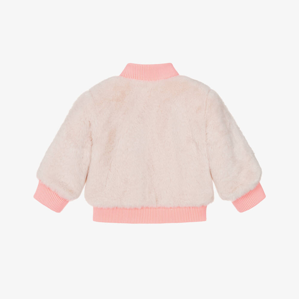 Billieblush-Girls Beige Faux Fur Zip-Up Jacket with Coral Pink Trims | Childrensalon Outlet