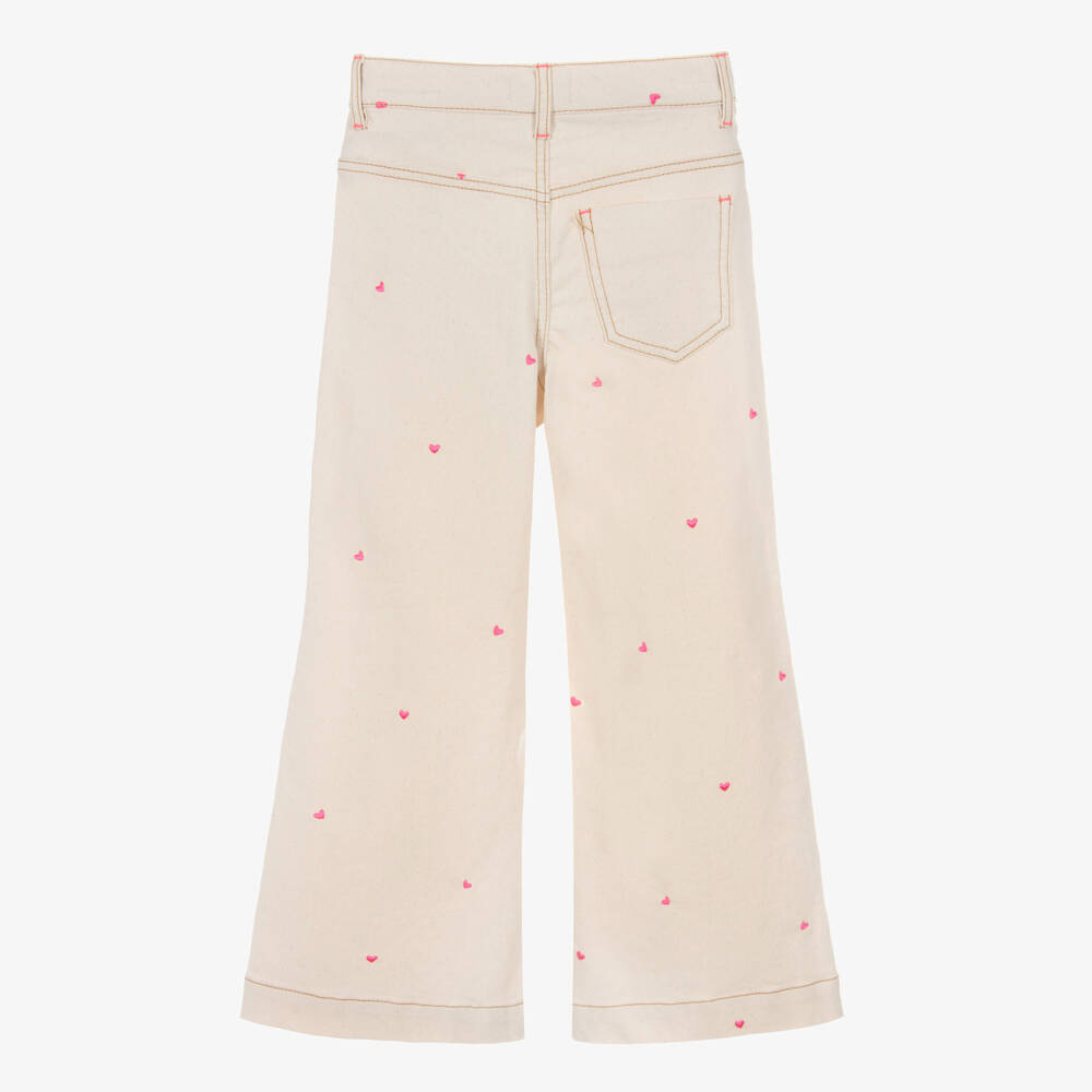 Billieblush-Girls Beige Flared Denim Jeans with Embroidered Hearts | Childrensalon Outlet