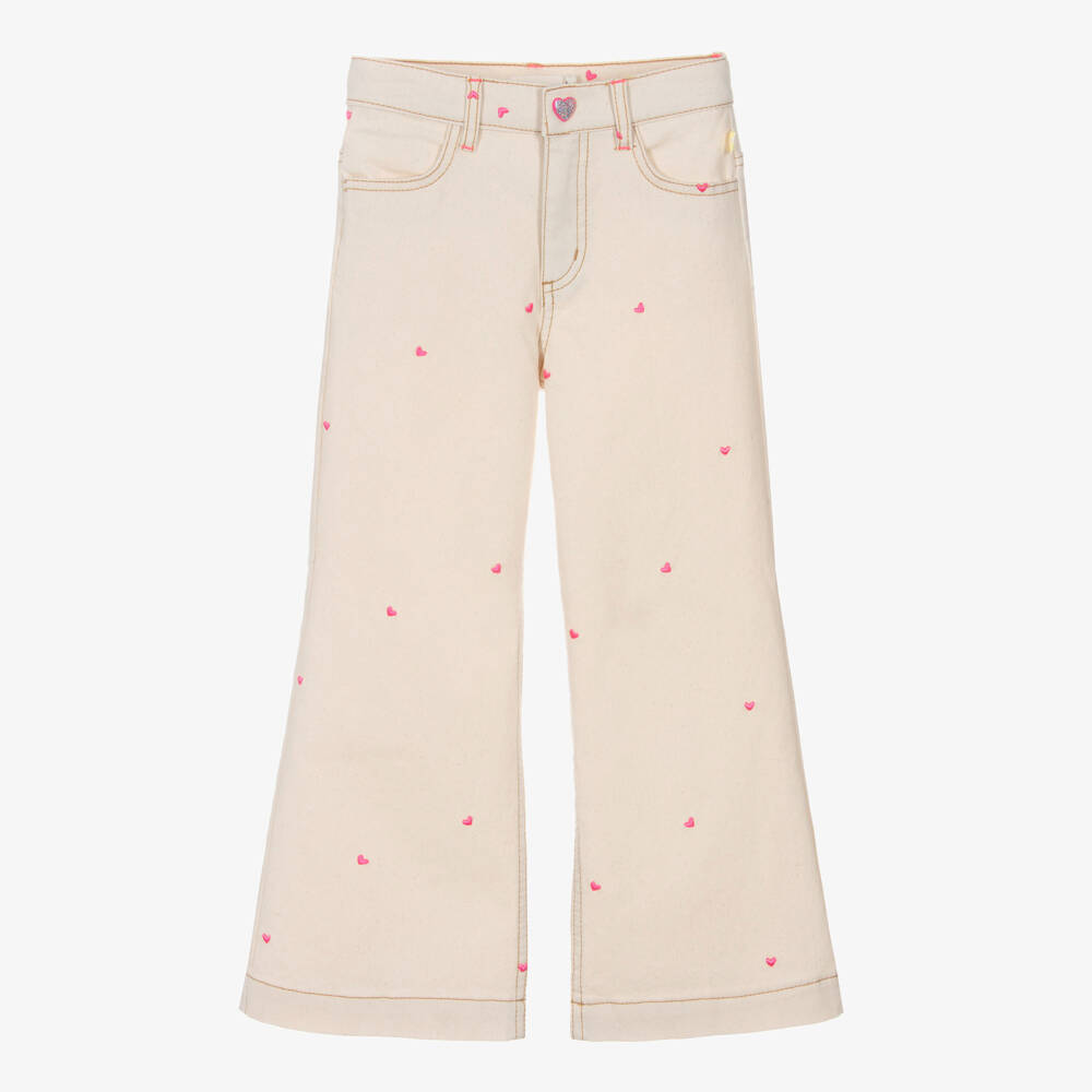 Billieblush-Girls Beige Flared Denim Jeans with Embroidered Hearts | Childrensalon Outlet