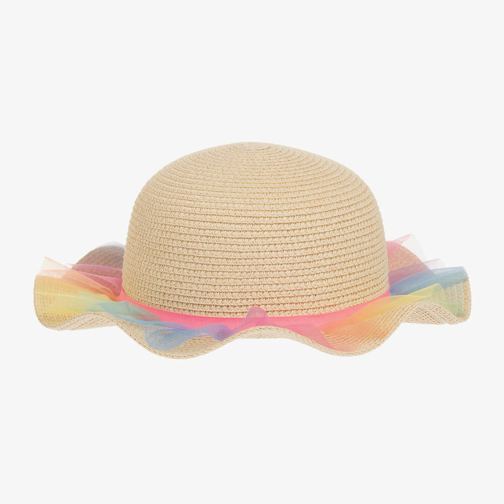 Girls Beige Straw Tulle Frill Sun Hat