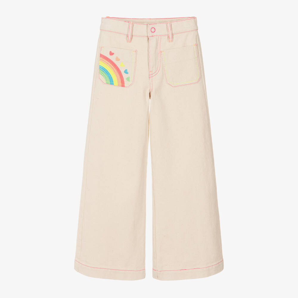 Billieblush - Girls Beige Wide Leg Rainbow Jeans | Childrensalon