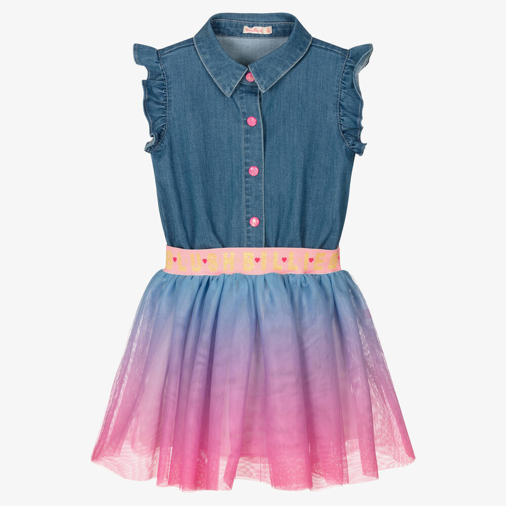 Billieblush - فستان قطن شامبراي وتول لون أزرق وزهري | Childrensalon