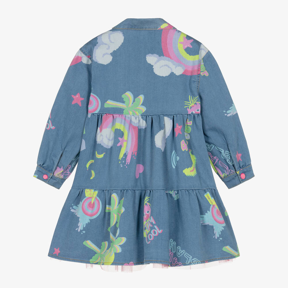 Billieblush-Голубое платье из хлопкового шамбре с принтом | Childrensalon Outlet