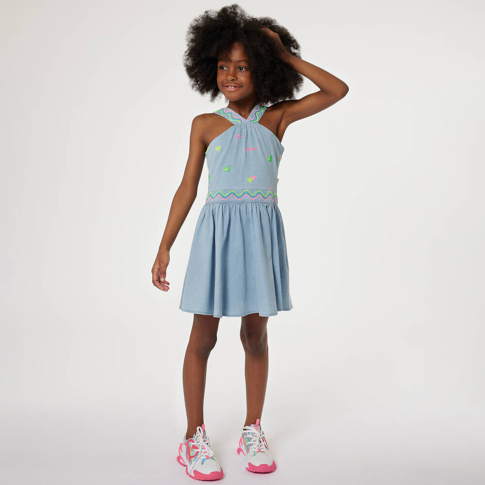 Billieblush-فستان قطن شامبري مطرز لون أزرق | Childrensalon Outlet