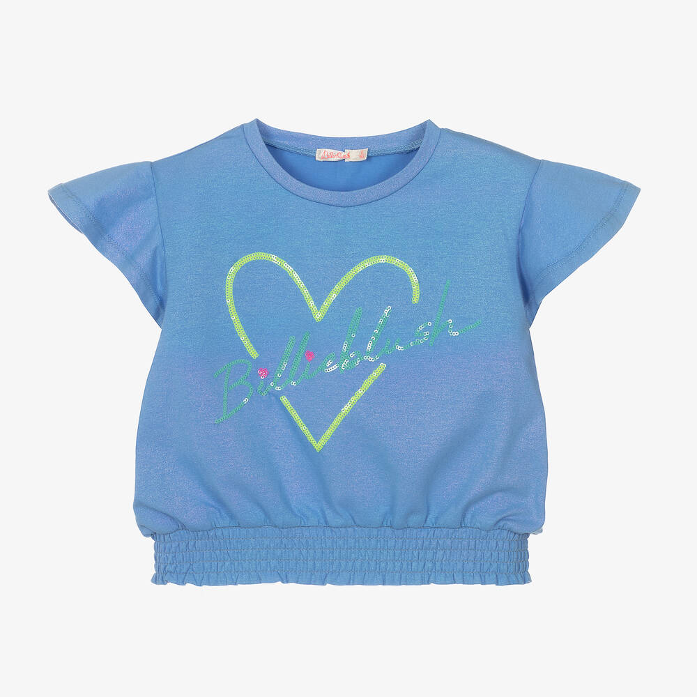 Billieblush - Girls Blue Cotton Glitter Heart T-Shirt | Childrensalon