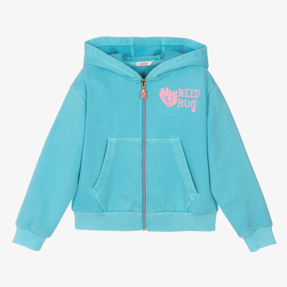 Girls Blue Cotton Hooded Zip Up Top