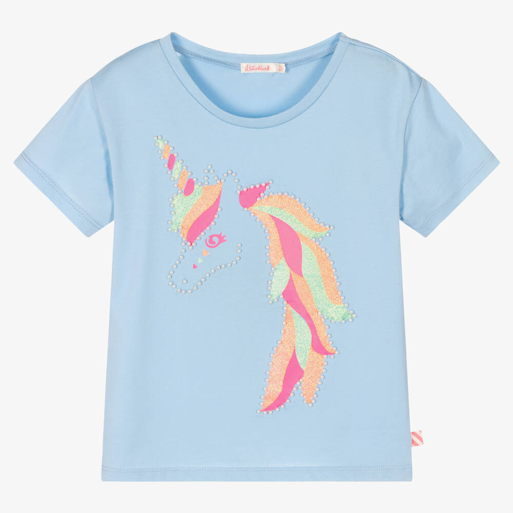 Billieblush - Girls Blue Cotton & Pearl Unicorn T-Shirt | Childrensalon