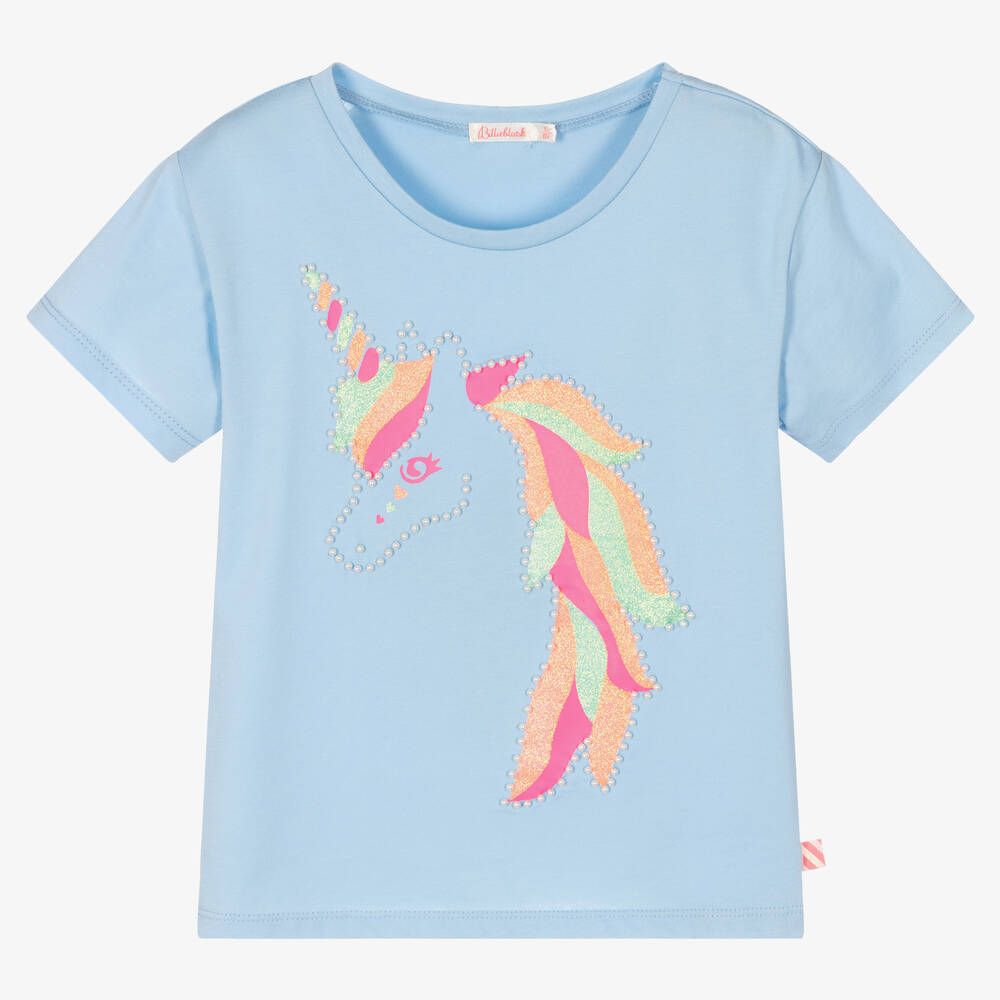 Billieblush - Blaues Einhorn-T-Shirt mit Perlen | Childrensalon