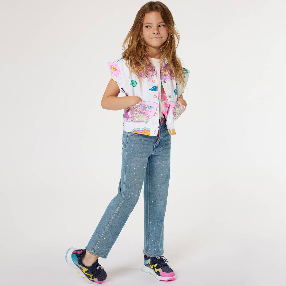 Billieblush-جينز قطن دنيم لون أزرق مزين بديامنتي للبنات | Childrensalon Outlet