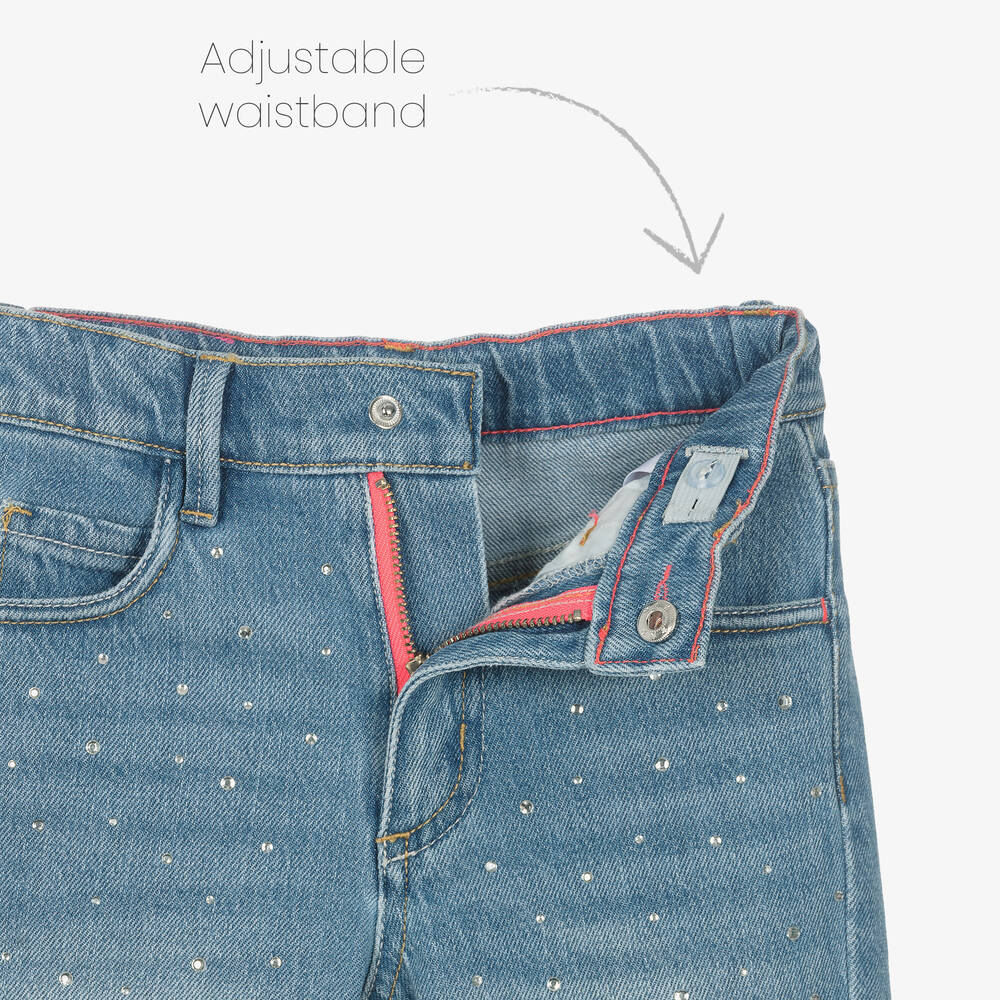 Billieblush-جينز قطن دنيم لون أزرق مزين بديامنتي للبنات | Childrensalon Outlet