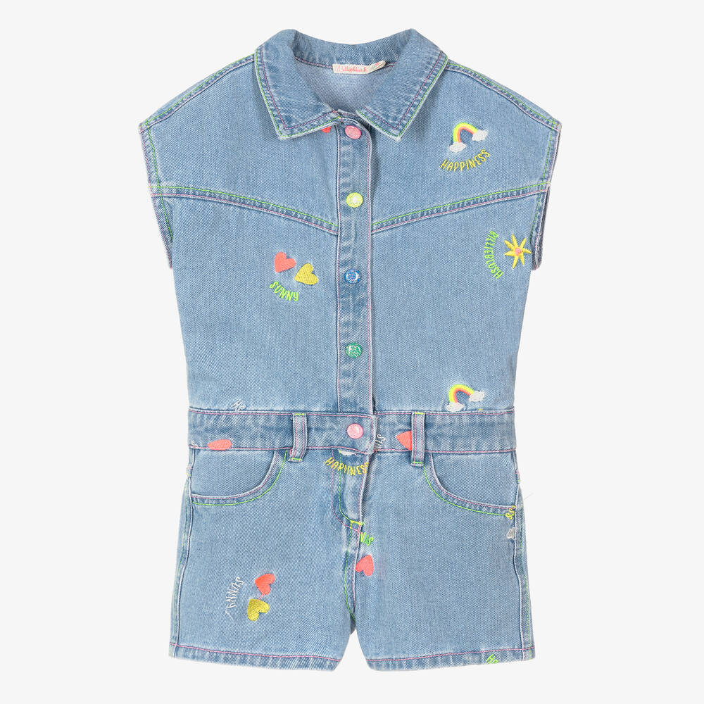Girls Blue Denim Embroidered Playsuit