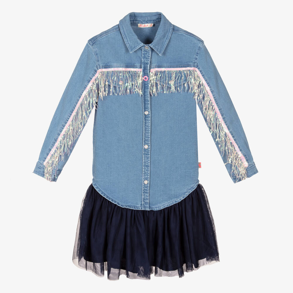 Billieblush - فستان قميص قطن دنيم لون أزرق | Childrensalon