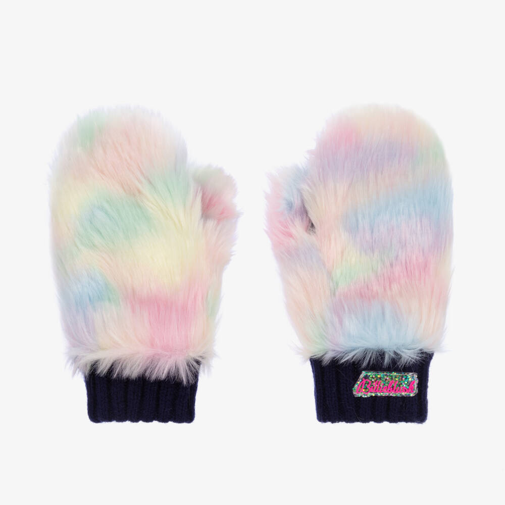 Billieblush-Girls Blue Knit & Pastel Fur Mittens | Childrensalon Outlet
