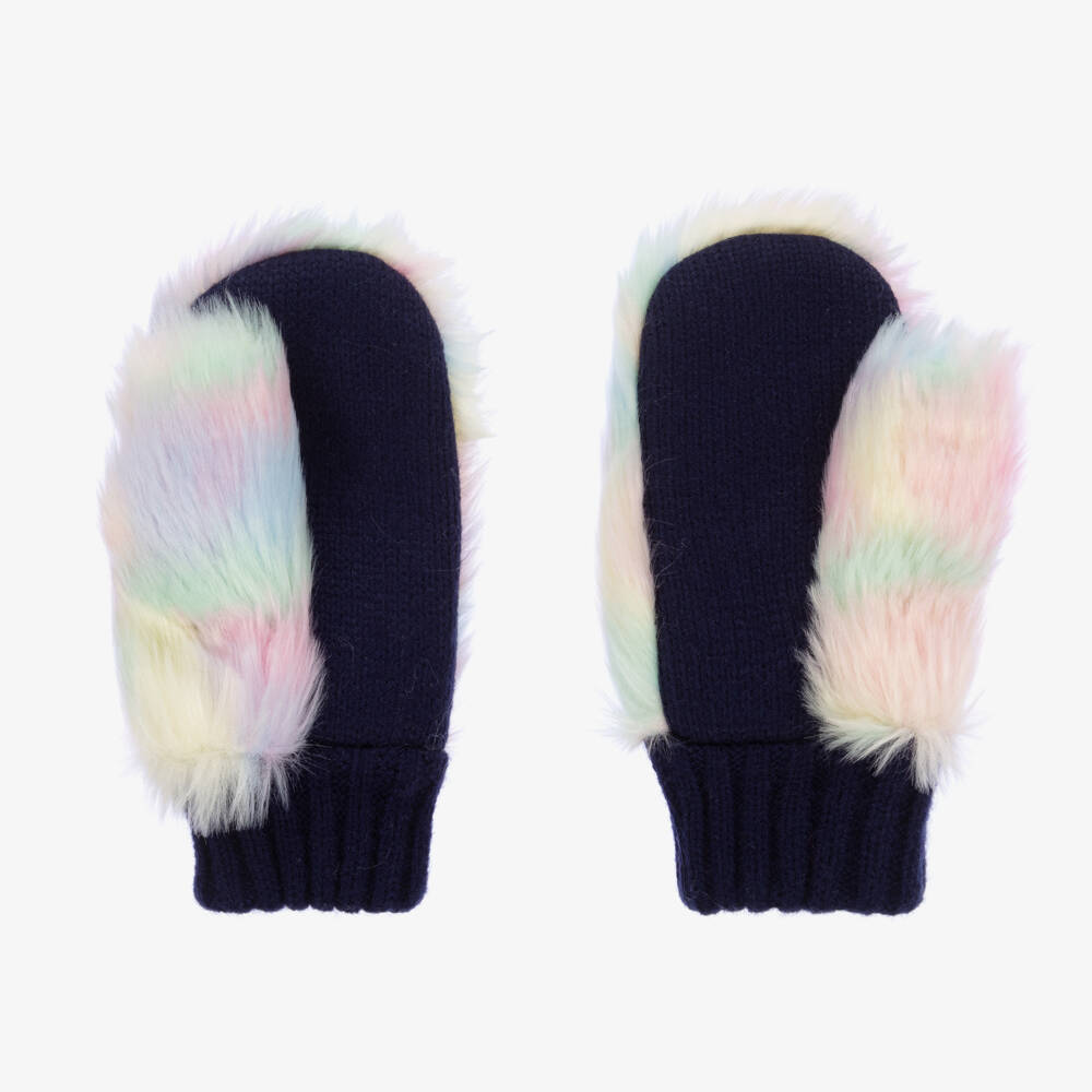 Billieblush-Girls Blue Knit & Pastel Fur Mittens | Childrensalon Outlet