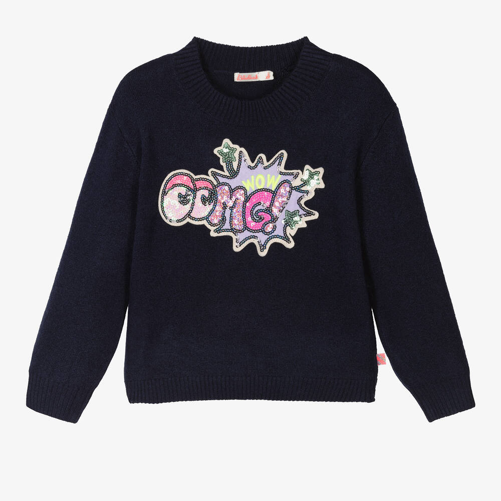 Billieblush - Girls Blue Knitted Sequin Star Sweater | Childrensalon
