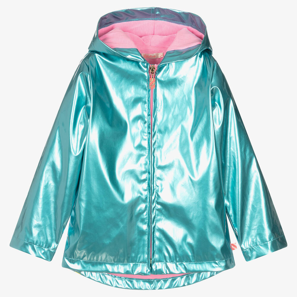 Billieblush - Girls Blue Metallic Hooded Raincoat | Childrensalon