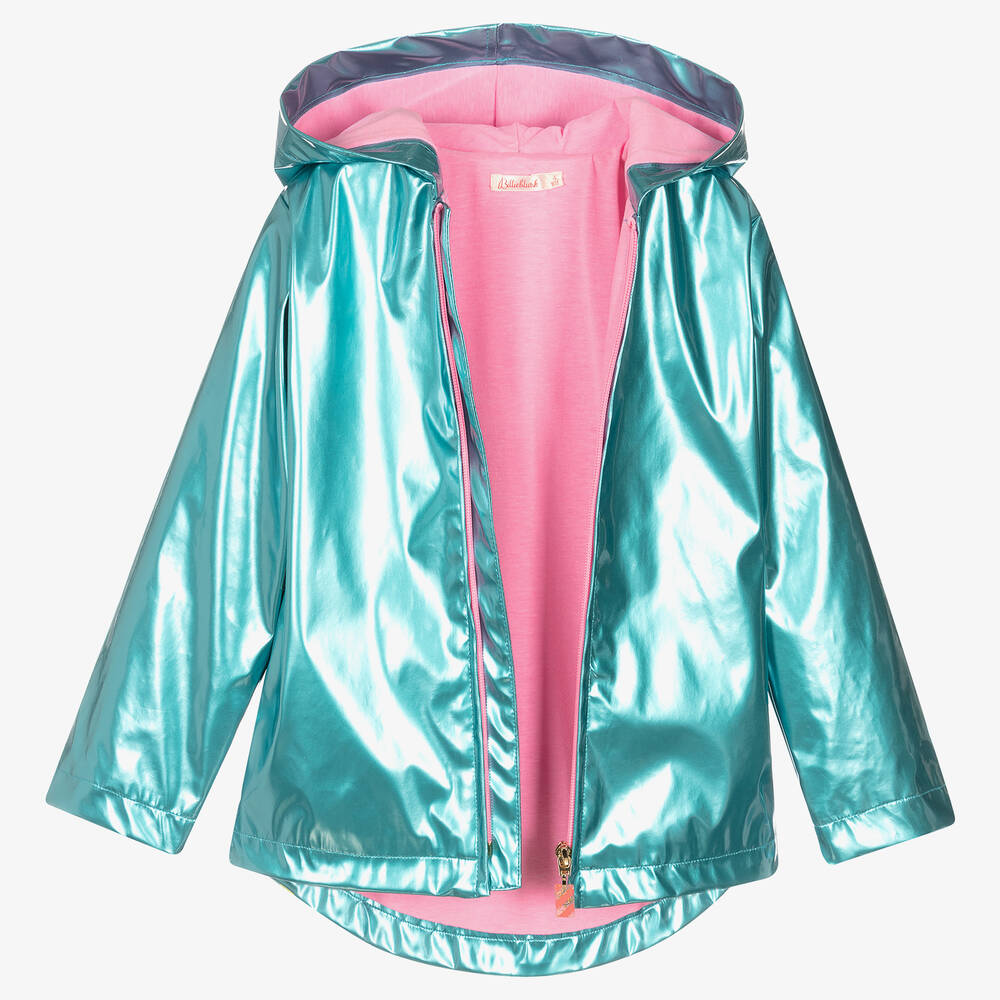 Billieblush - Girls Blue Metallic Hooded Raincoat | Childrensalon Outlet