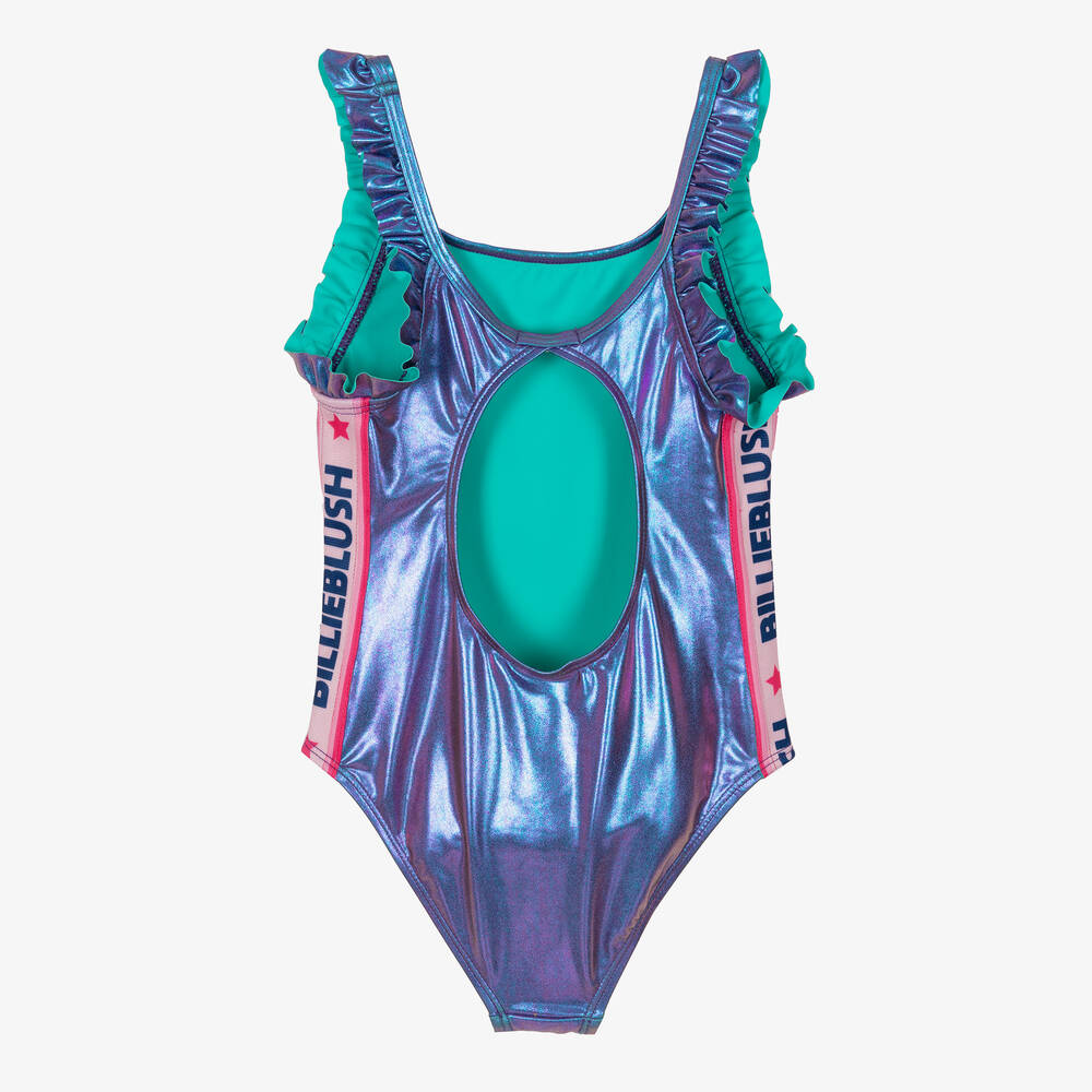 Billieblush-Girls Blue Metallic Logo Tape Swimsuit | Childrensalon Outlet