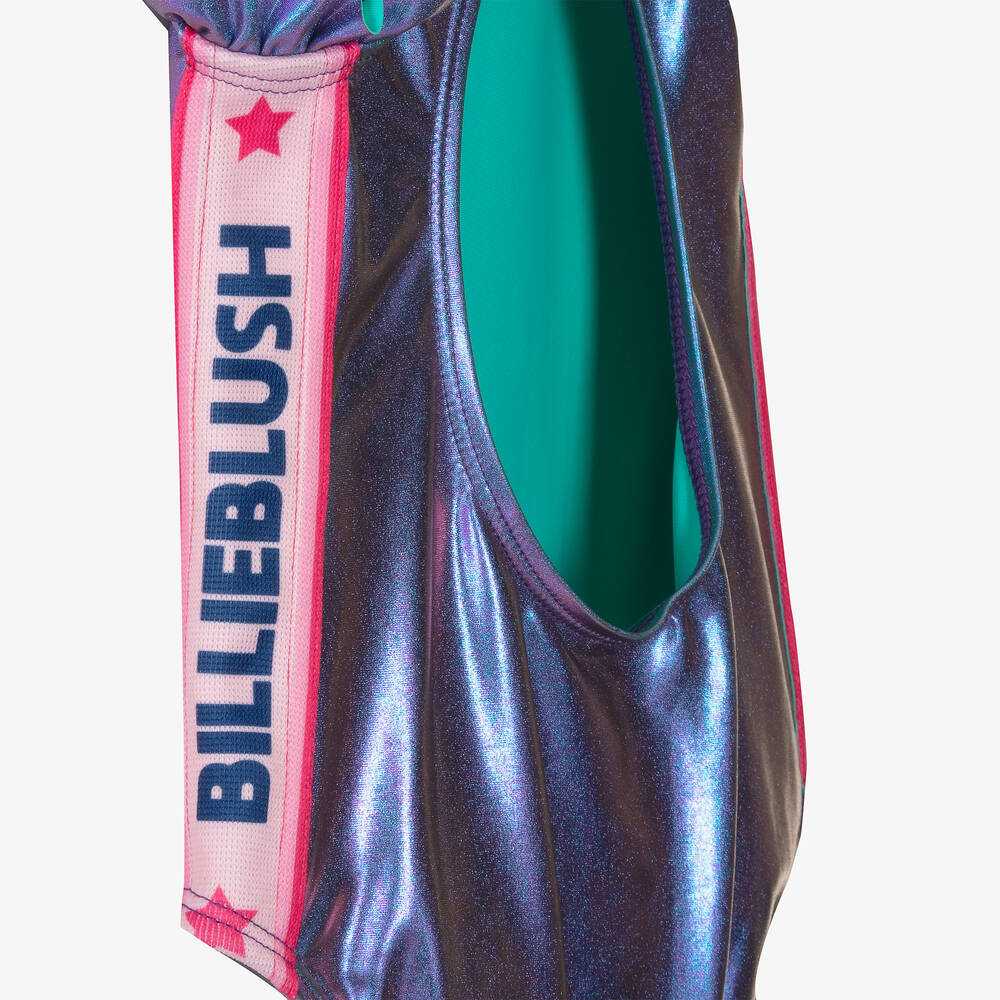 Billieblush-Girls Blue Metallic Logo Tape Swimsuit | Childrensalon Outlet