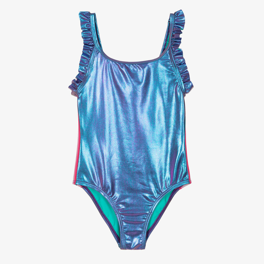 Billieblush - Girls Blue Metallic Logo Tape Swimsuit | Childrensalon