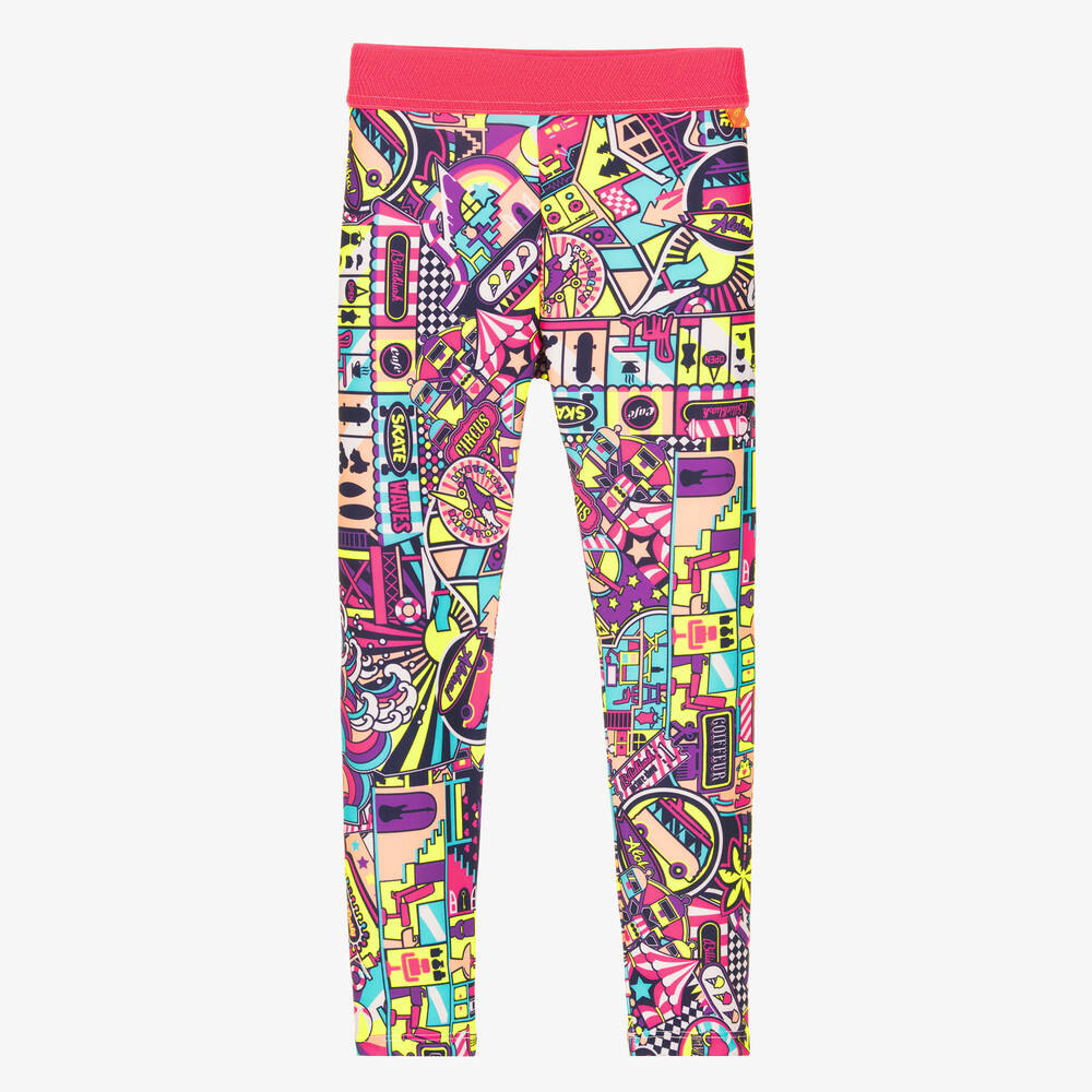 Billieblush - Girls Blue & Neon Pink Graphic Leggings | Childrensalon