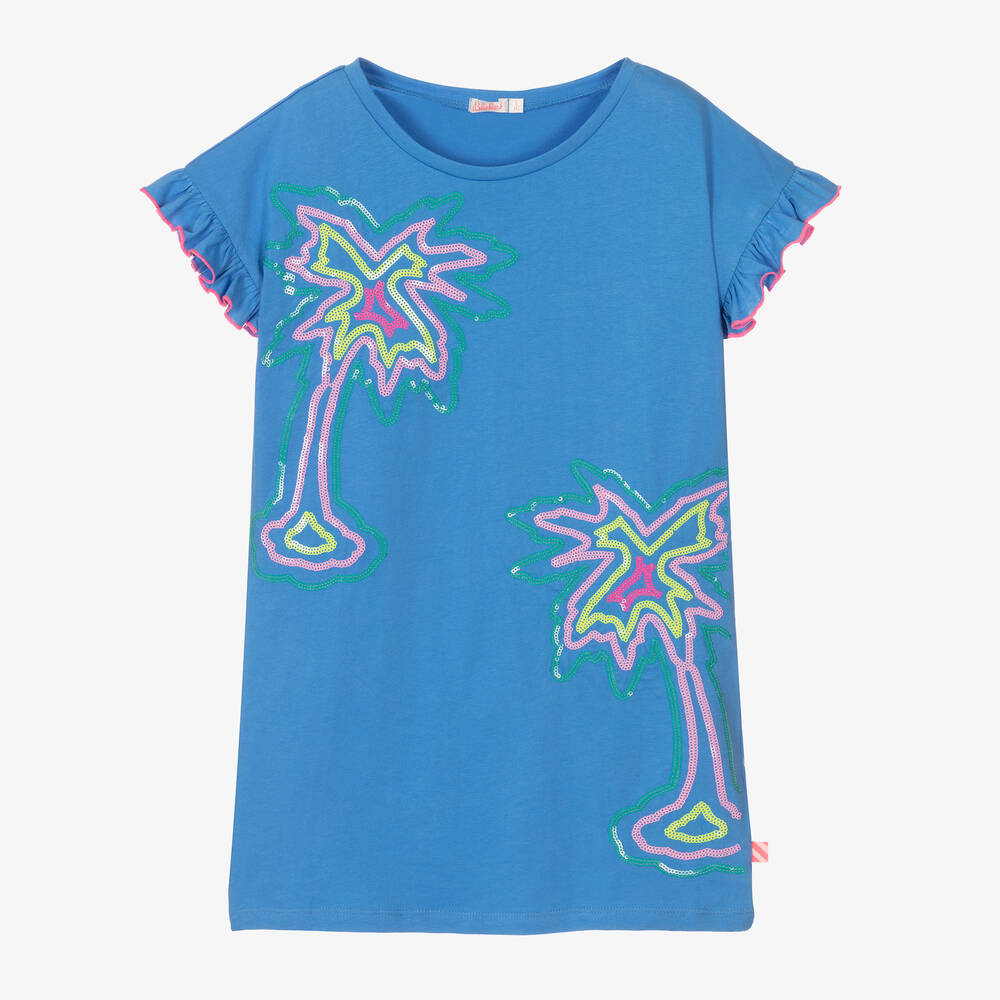 Billieblush - Синее платье с пальмами из пайеток | Childrensalon
