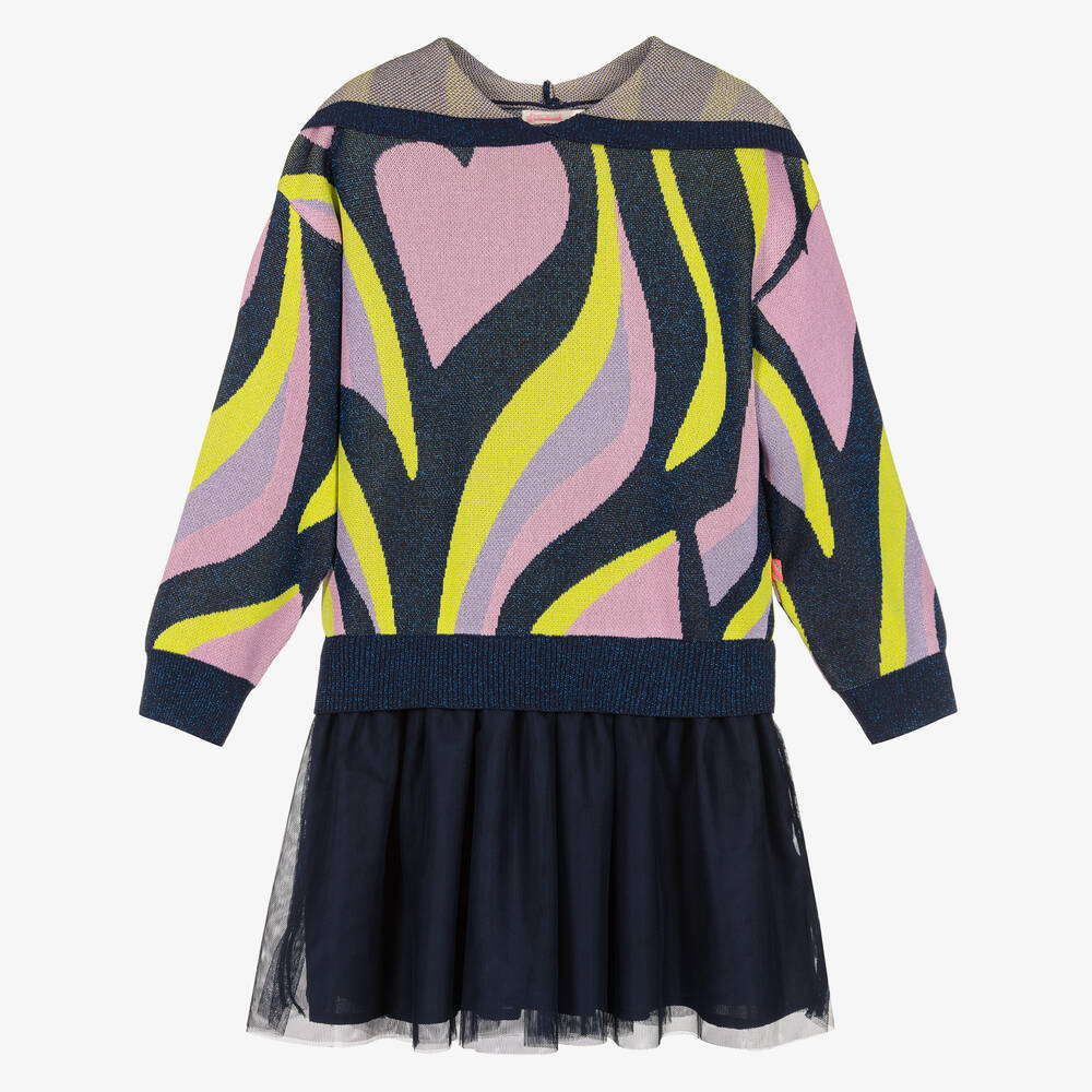 Billieblush-Сине-розовое трикотажное сетчатое платье с блестками | Childrensalon Outlet