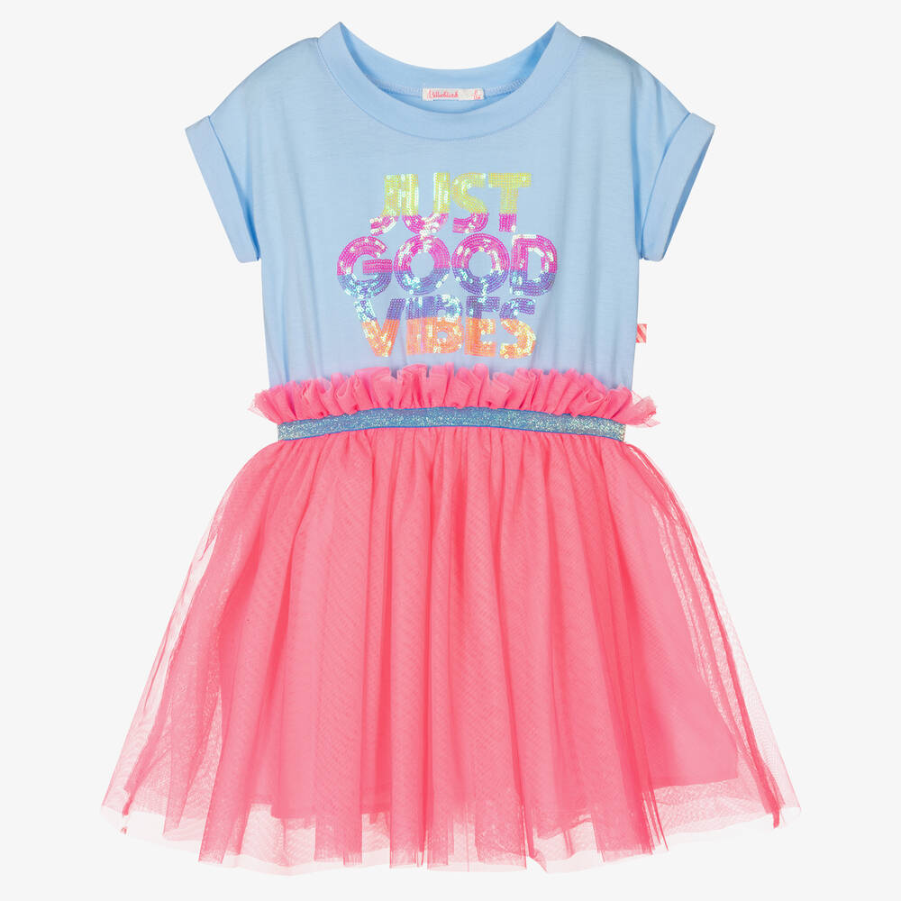 Billieblush - Girls Blue & Pink Good Vibes Tulle Dress | Childrensalon