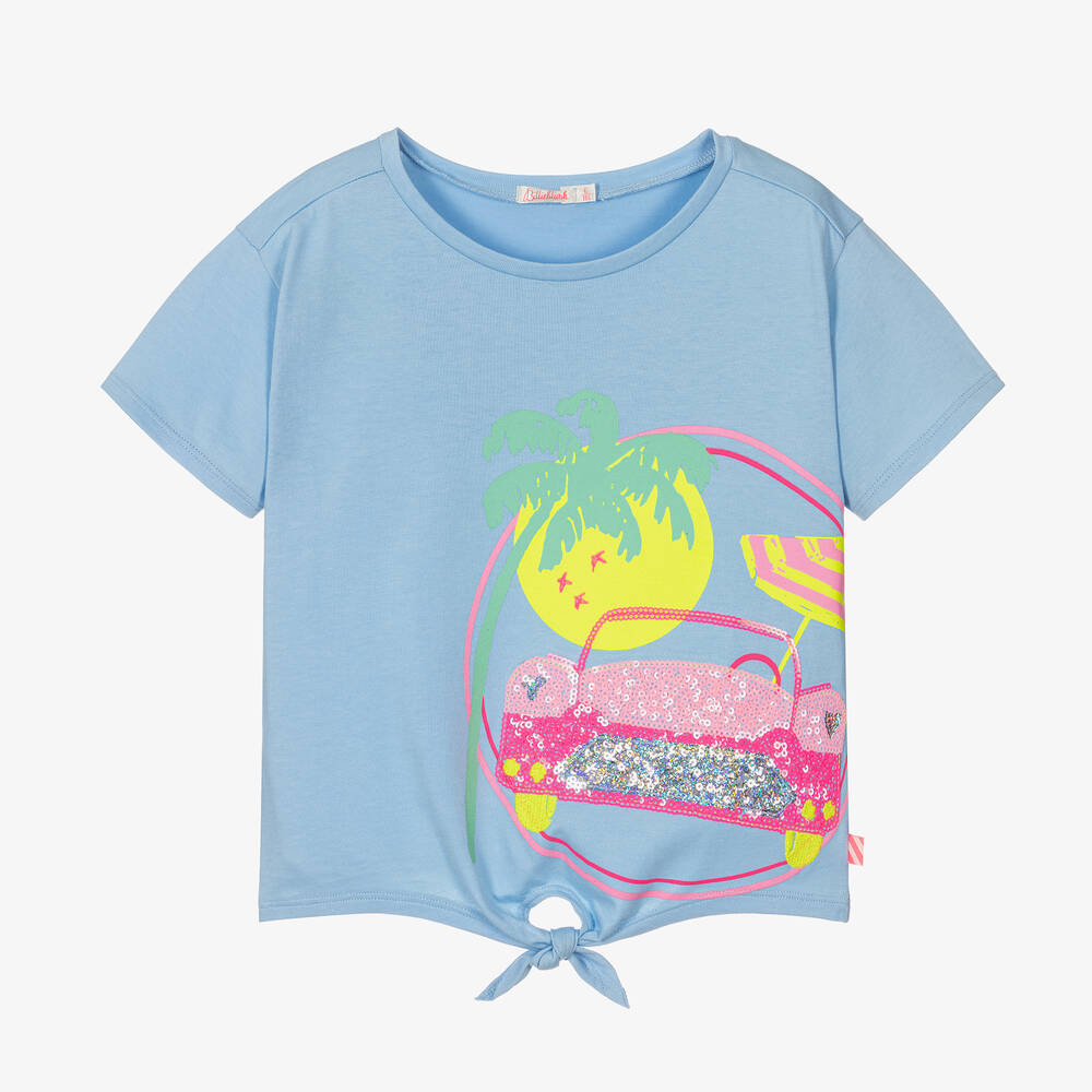 Billieblush - Girls Blue Sequin Car Cotton T-Shirt | Childrensalon