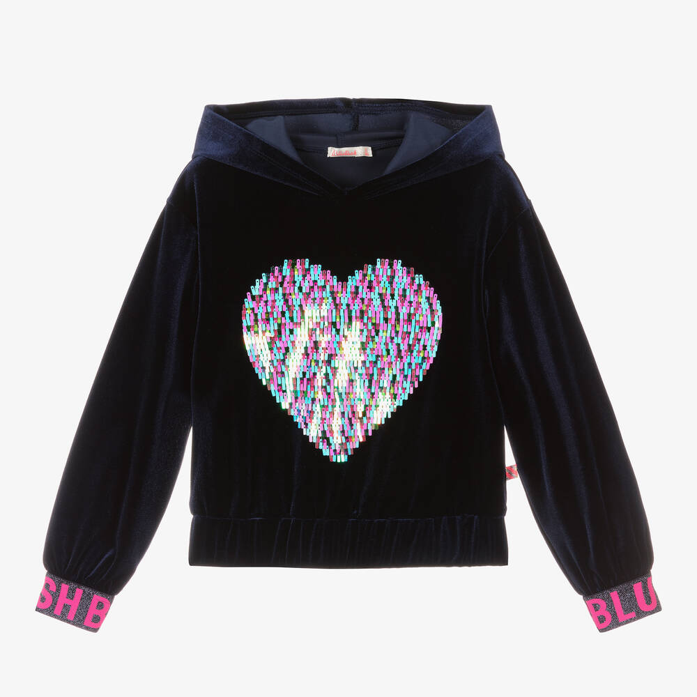 Billieblush - Girls Blue Velour Sequined Heart Hoodie | Childrensalon