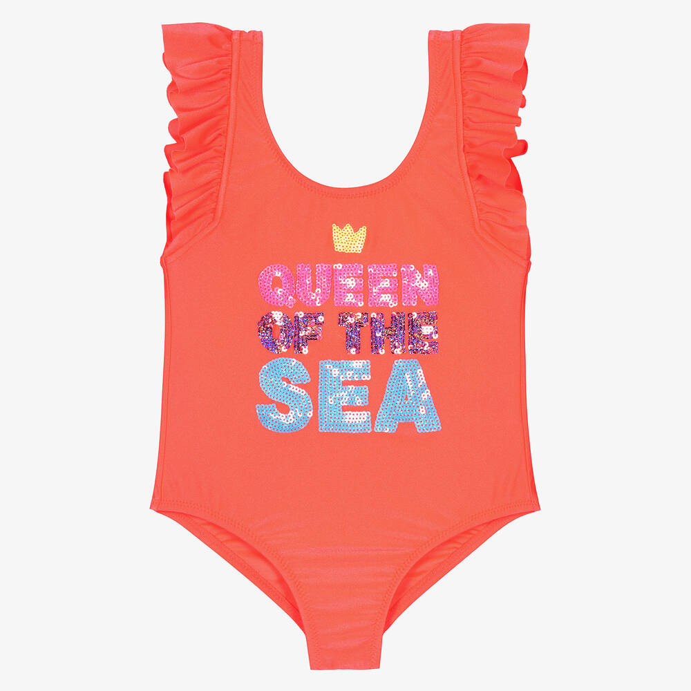Billieblush-Girls Coral Orange Ruffle Swimsuit | Childrensalon Outlet