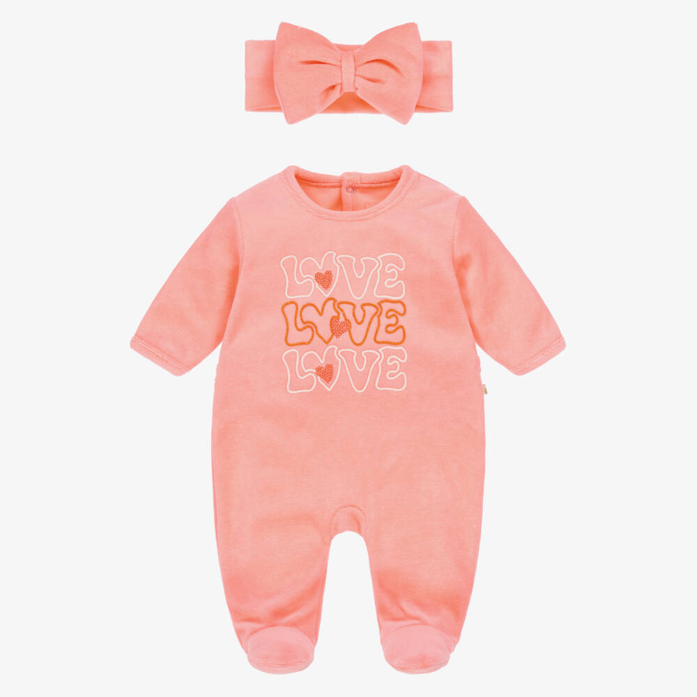 Billieblush-Girls Coral Pink Velour Babygrow & Headband Set | Childrensalon Outlet