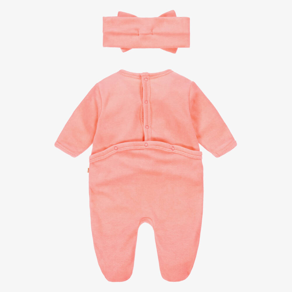 Billieblush-Girls Coral Pink Velour Babygrow & Headband Set | Childrensalon Outlet