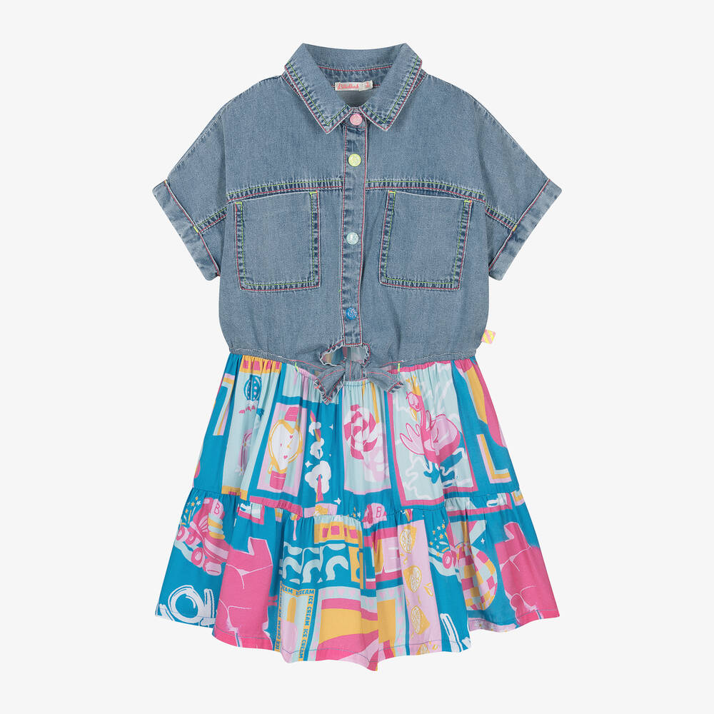 Billieblush-فستان قميص قطن دنيم وليوسيل لون أزرق | Childrensalon Outlet