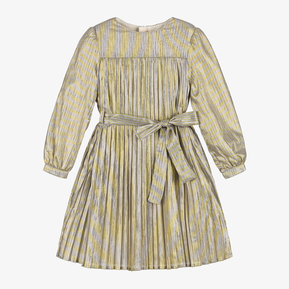 Billieblush-فستان بكسرات لون فضي وذهبي ميتاليك | Childrensalon Outlet