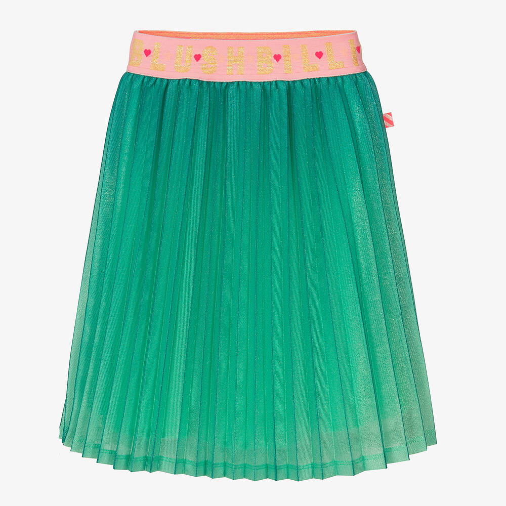 Billieblush - Girls Green Glitter Pleated Logo Skirt | Childrensalon