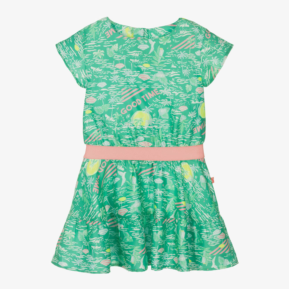 Billieblush - Girls Green Palm Print Sateen Dress | Childrensalon