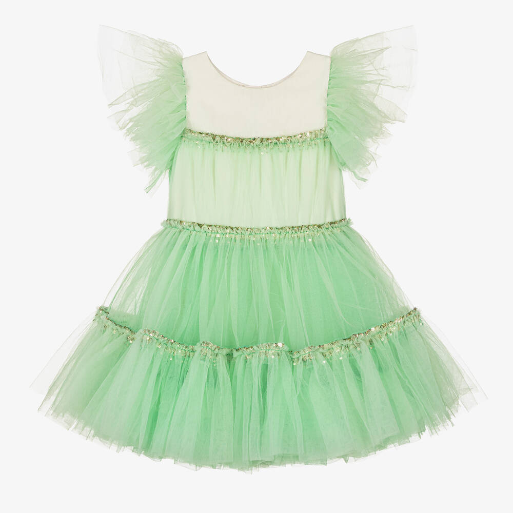 Billieblush - Robe verte en tulle à volants | Childrensalon