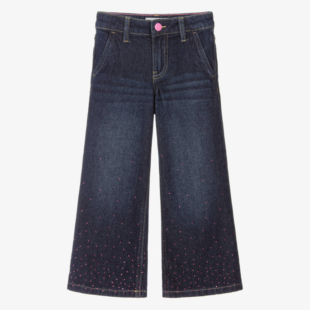 Billieblush-Girls Indigo Blue Wide Leg Denim Jeans with Pink Diamantés | Childrensalon Outlet