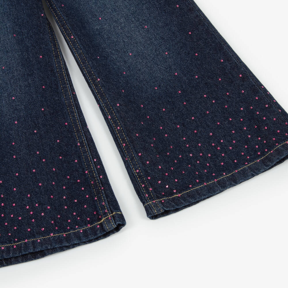 Billieblush-Girls Indigo Blue Wide Leg Denim Jeans with Pink Diamantés | Childrensalon Outlet