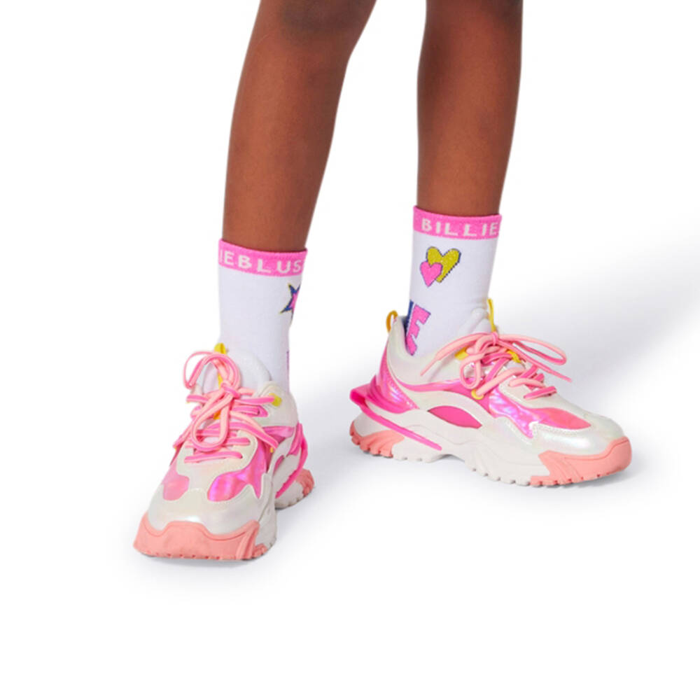 Billieblush-Girls Iridescent White & Pink Faux Leather Trainers | Childrensalon Outlet