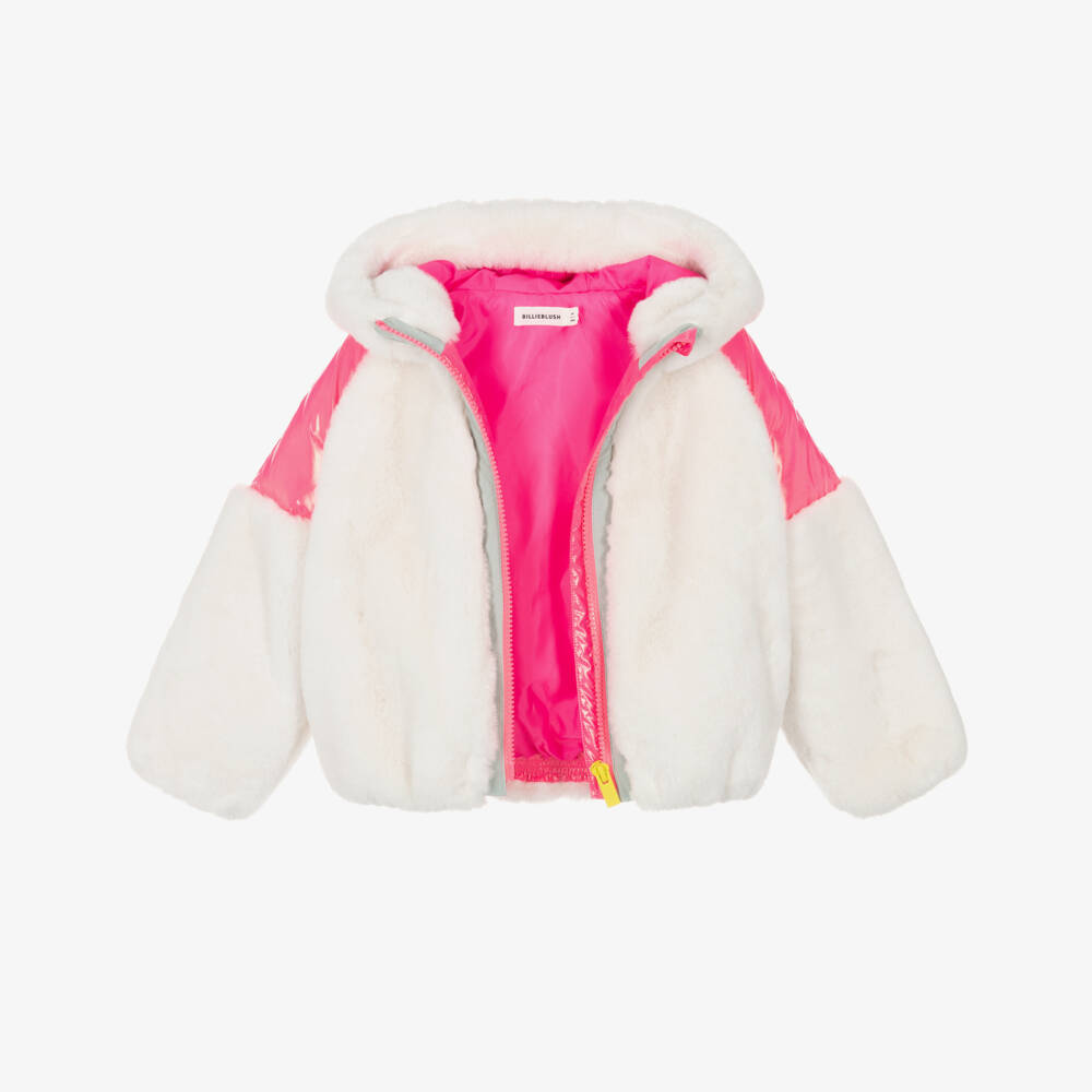 Billieblush-Girls Ivory and Pink Plush Jacket | Childrensalon Outlet